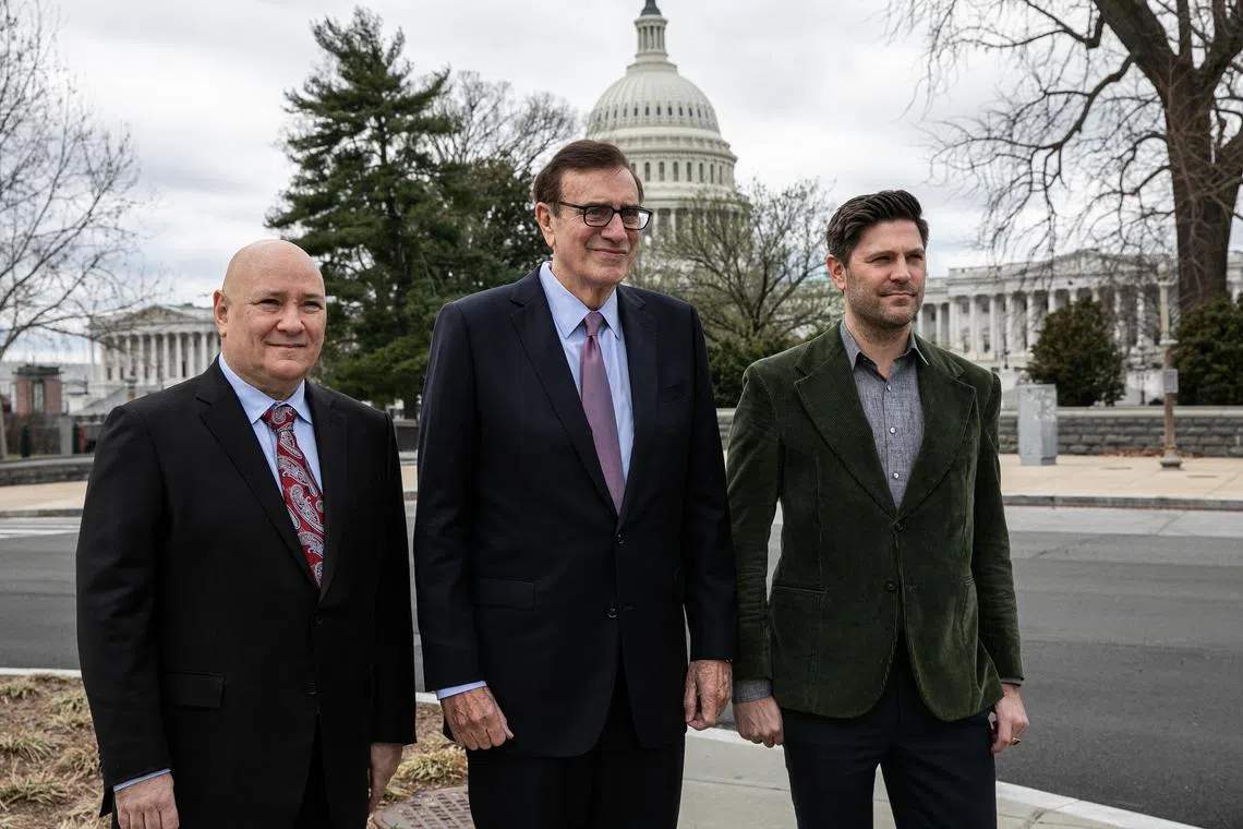 FILE — Jimmy Finkelstein, center, the founder and chief executive of The Messenger, with Richard Beckman, left, the site’s president, and Dan Wakeford, editor in chief, in Washington on March 7, 2023. The company, which debuted last year with big plans to disrupt journalism, generated only $3 million in revenue by the end of December. (Valerie Plesch/The New York)