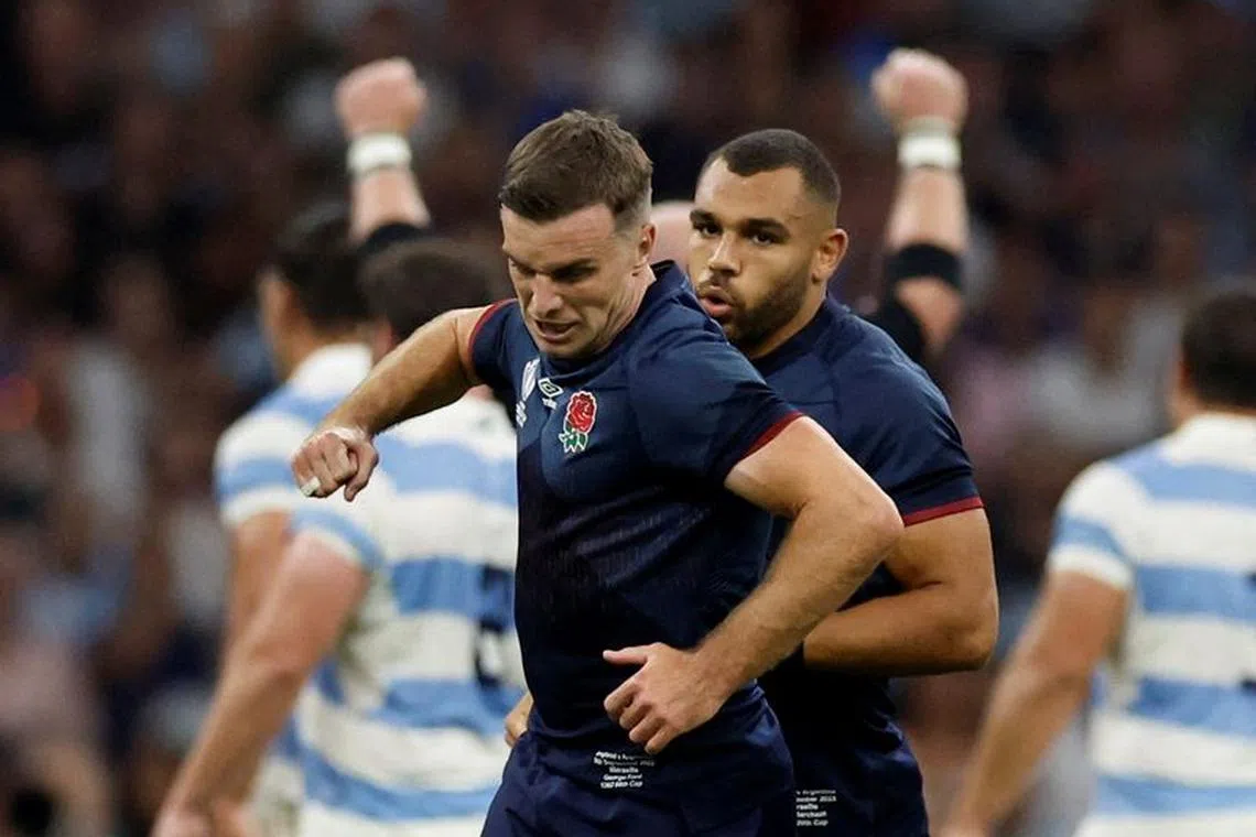 Rugby Union - Rugby World Cup 2023 - Pool D - England v Argentina - Orange Velodrome, Marseille, France - September 9, 2023 England's George Ford celebrates after scoring a drop goal REUTERS/Peter Cziborra