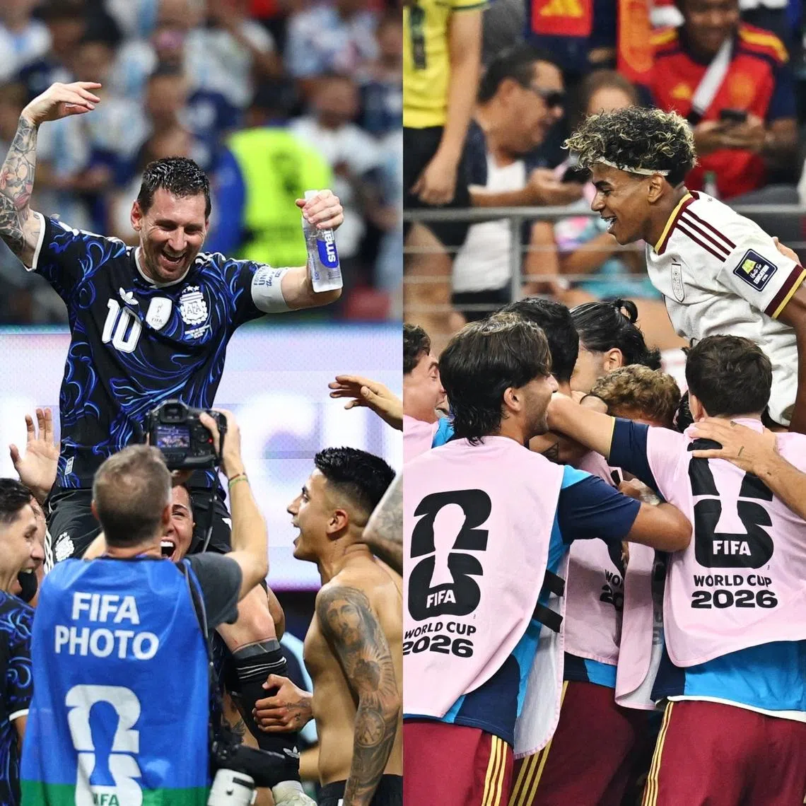 Argentina’s Lionel Messi (left) and Spain’s Lamine Yamal celebrating World Cup success with teammates.