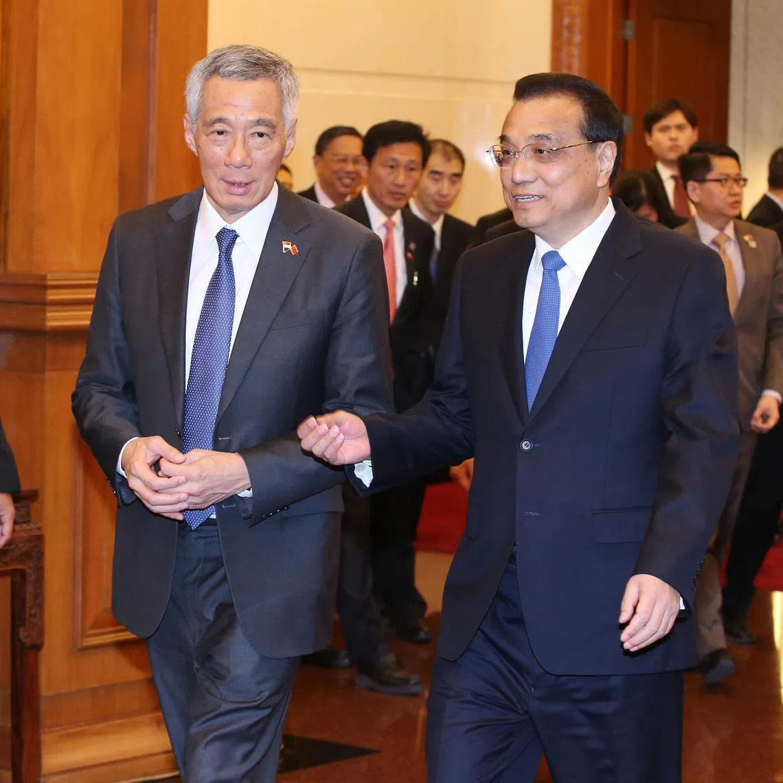 Prime Minister Lee Hsien Loong (left) called on Chinese Premier Li Keqiang in Beijing during Mr Lee’s visit to China on 8 April 2018.