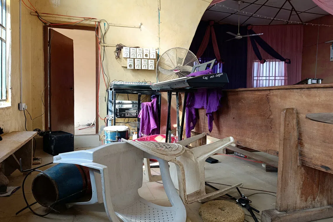 FILE PHOTO: An interior view of the Christ Apostolic Church, the day after an attack by gunmen in which people were killed and the pastor and some worshippers kidnapped, in the town of Eruku, Kwara state, Nigeria, November 19, 2025.   REUTERS/Abdullahi Dare Akogun/File Photo