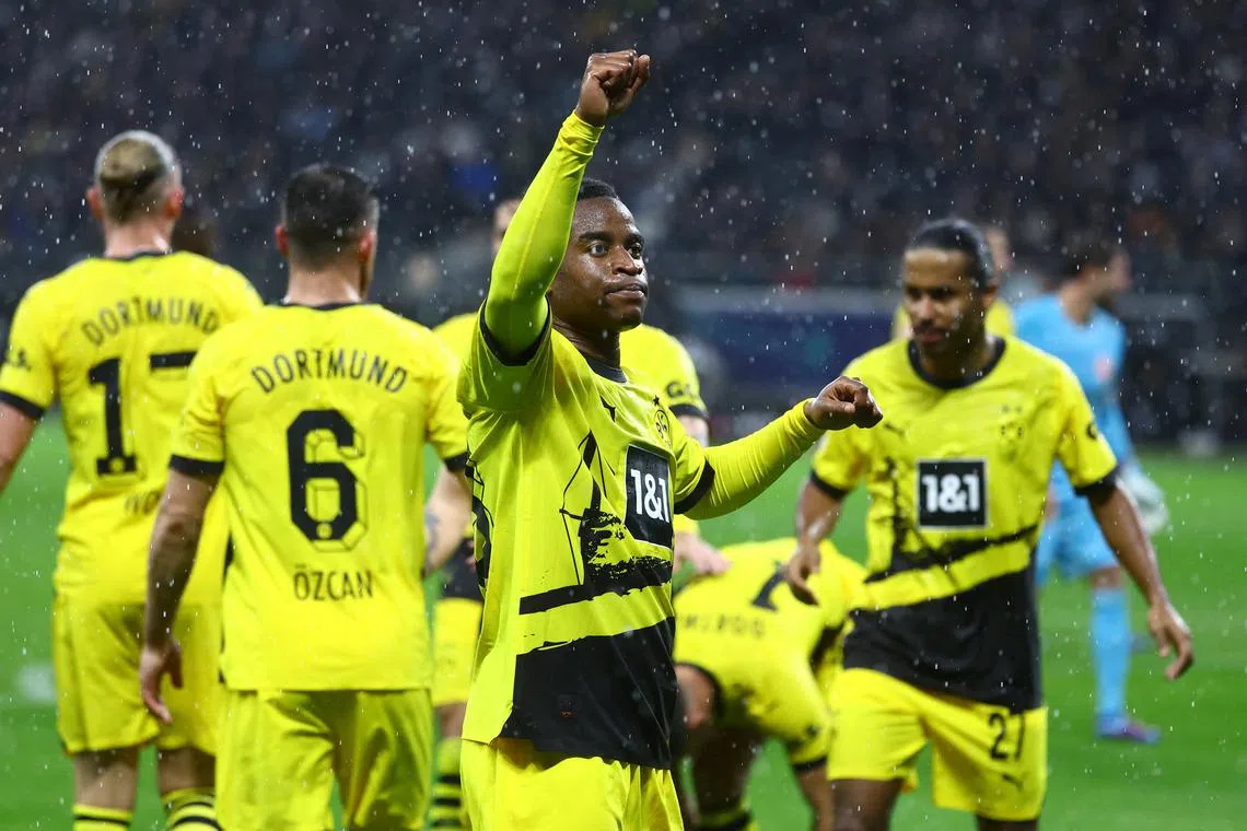 Soccer Football - Bundesliga - Eintracht Frankfurt v Borussia Dortmund - Deutsche Bank Park, Frankfurt, Germany - October 29, 2023 Borussia Dortmund's Youssoufa Moukoko celebrates scoring their second goal REUTERS/Kai Pfaffenbach/ File Photo
