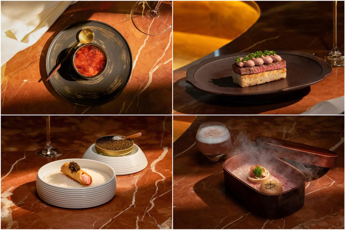 (Clockwise from top left) Forged Parfait, Hokkaido Wagyu Forged Parfait, Rice cracker served with Forged Parfait and Cannoli made from Forged Parfait.