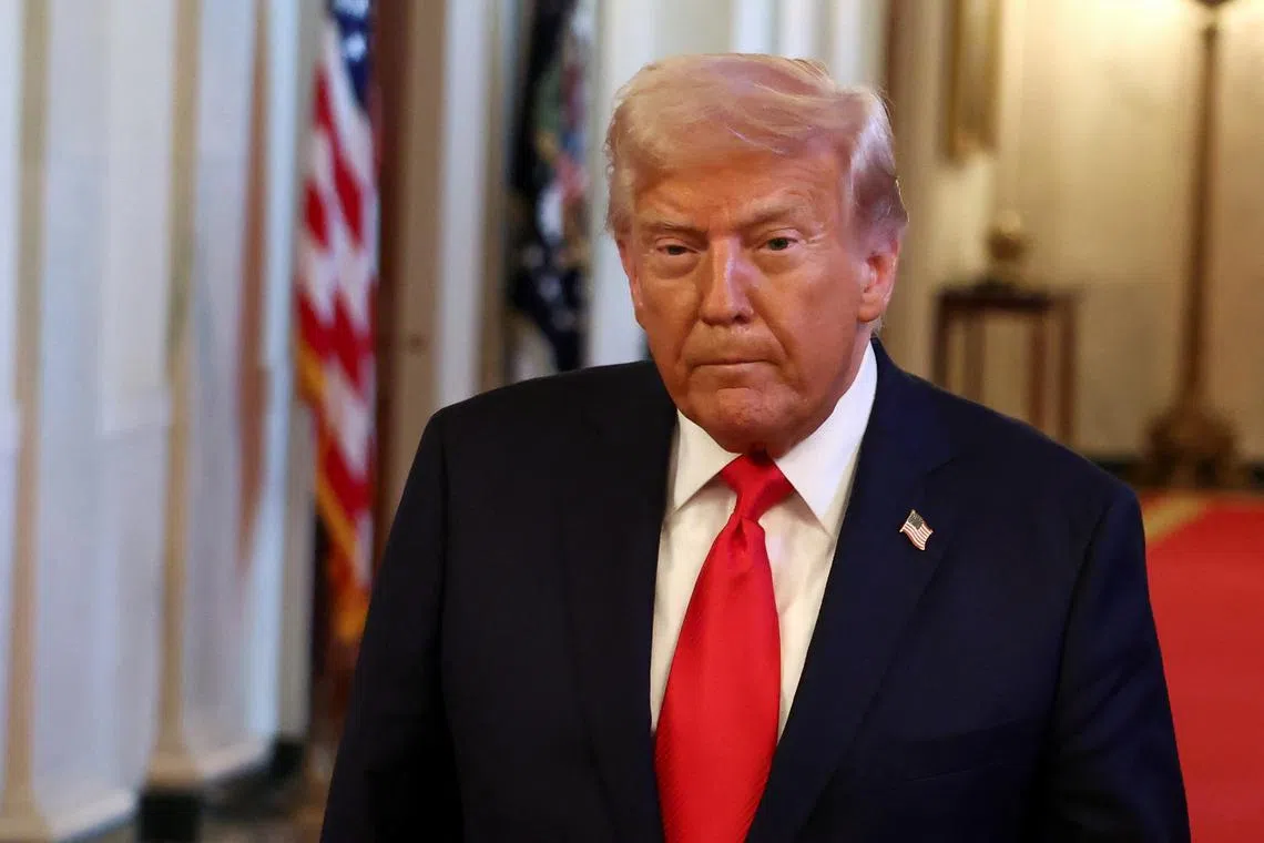U.S. President Donald Trump arrives for a presentation of the Commander-in-Chief trophy to the U.S. Navy Midshipmen football team of the United States Naval Academy,  at the White House in Washington, D.C., U.S., April 15, 2025. REUTERS/Evelyn Hockstein