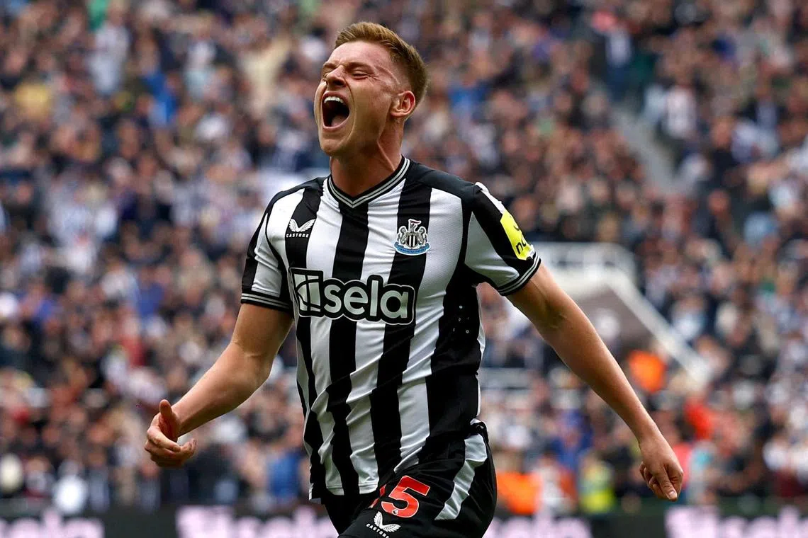 Newcastle United's Harvey Barnes celebrates scoring the winner in a 4-3 English Premier League triumph over West Ham United at St James Park on March 30.