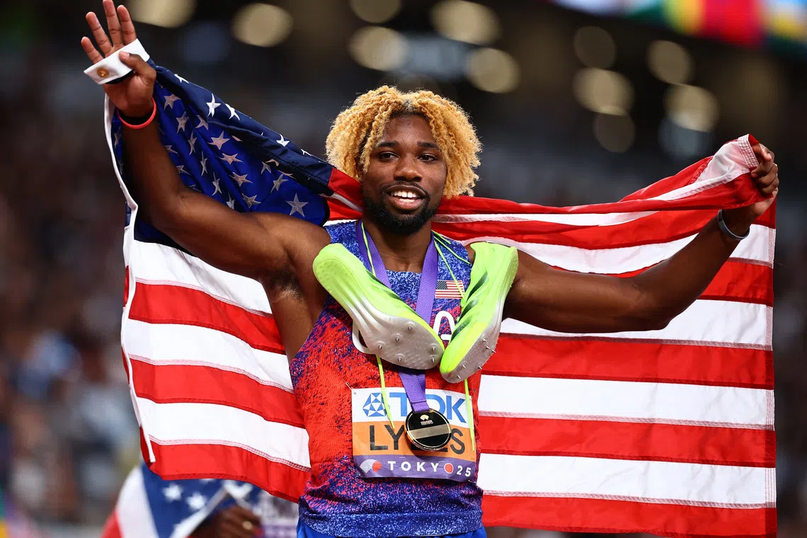 World Athletics Championships Tokyo 2025 - Men's 200m Final - Japan National Stadium, Tokyo, Japan - September 19, 2025 Noah Lyles of the U.S. celebrates after winning the gold medal REUTERS/Sarah Meyssonnier