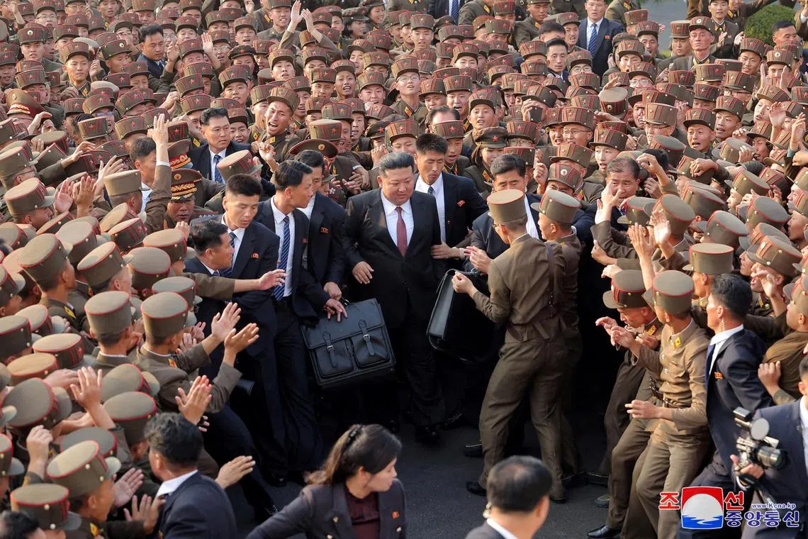 North Korean leader Kim Jong Un visits the National Defense University in Pyongyang, North Korea, on Oct 7.