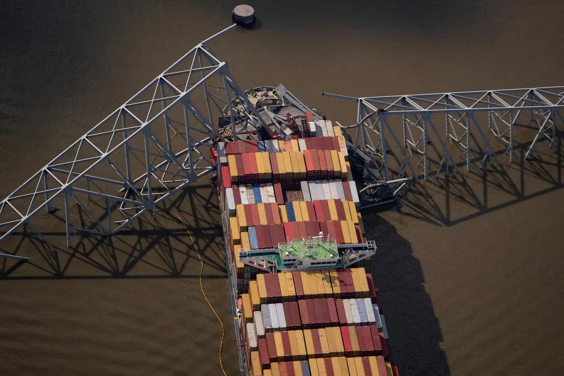 View of the Dali cargo vessel which crashed into the Francis Scott Key Bridge causing it to collapse in Baltimore, Maryland, U.S., April 4, 2024. REUTERS/Nathan Howard