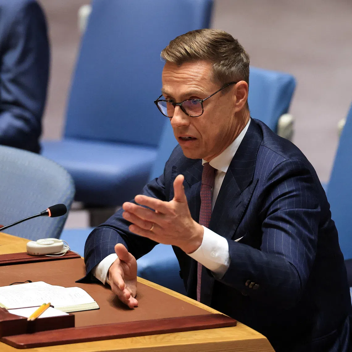 Finland's President Alexander Stubb speaks during a meeting of the United Nations Security Council on Ukraine, during the 81st United Nations General Assembly, at UN Headquarters in New York City, US, September 23, 2026. REUTERS/Brendan McDermid