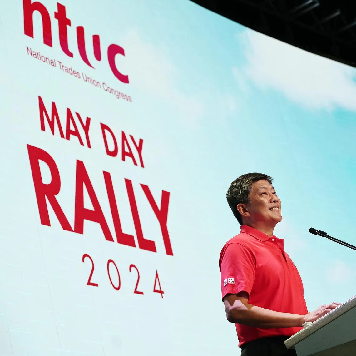 NTUC Secretary-General Ng Chee Meng delivers his opening address at the May Day Rally 2024 at Marina Bay Sands Expo and Convention Centre on May 1, 2024. 