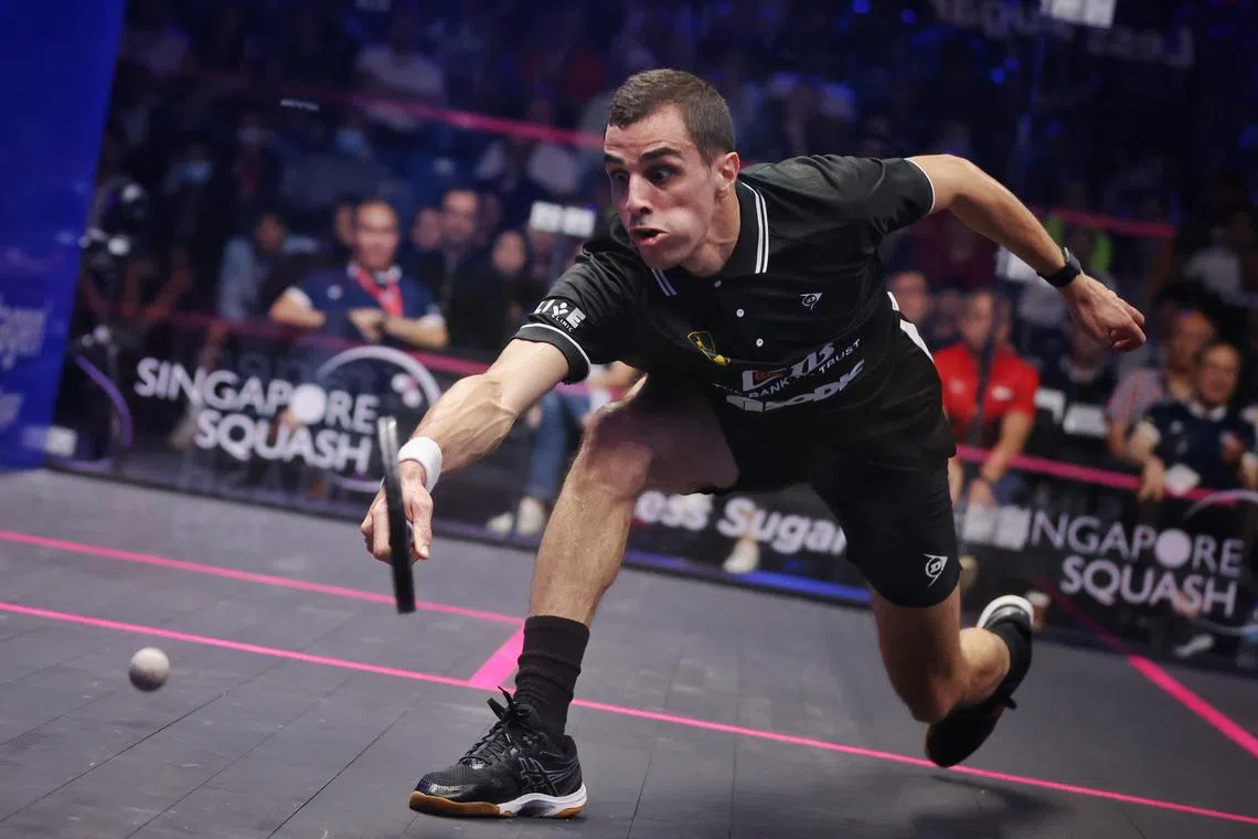 Ali Farag, the current world No. 1, on his way to winning the 2023 Singapore Squash Open.