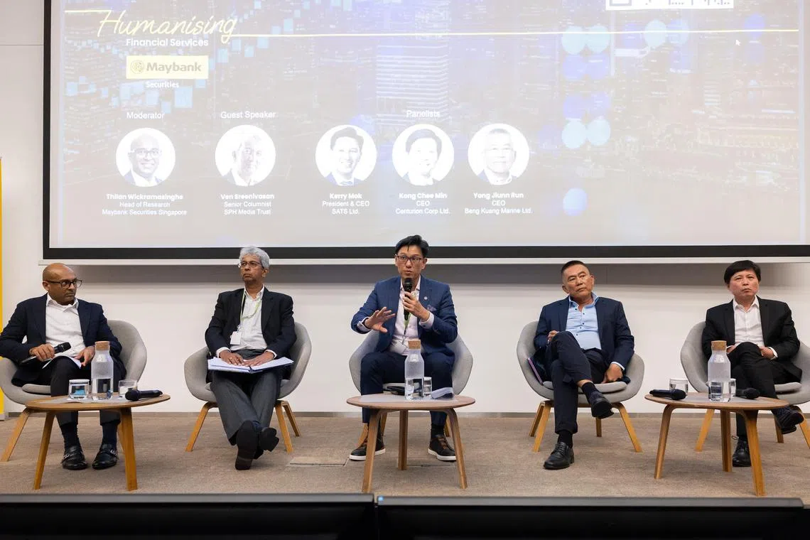 ST20240711_202476060069/sasgx11/Brian Teo/Sue-Ann Tan/(From Left) Maybank Securities Head Of Equity Research Thilan Wickramasinghe moderating the 'Discover the Undiscovered - Uncovering Undervalued Stocks' panel discussion at SGX Centre 1 on July 11, 2024. The panel consists of guest speaker Straits Times Senior Columnist Ven Sreenivasan, panelist President and Chief Executive Officer of SATS Kerry Mok, Beng Kuang Marine Chief Executive Officer Yong Jiunn Run, and Centurion Corp Chief Executive Officer Kong Chee Min. ST PHOTO: BRIAN TEO.