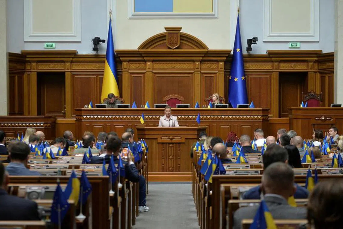 FILE PHOTO: Danish Prime Minister Mette Frederiksen addresses Ukrainian lawmakers during a parliament session, amid Russia's attack on Ukraine, in Kyiv, Ukraine September 6, 2023. REUTERS/Andrii Nesterenko/File Photo