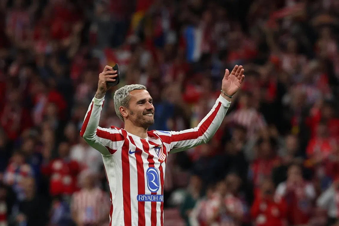 Soccer Football - UEFA Champions League - Quarter Final - Second Leg - Atletico Madrid v FC Barcelona - Riyadh Air Metropolitano, Madrid, Spain - April 14, 2026 Atletico Madrid's Antoine Griezmann celebrates after the match REUTERS/Gonzalo Fuentes