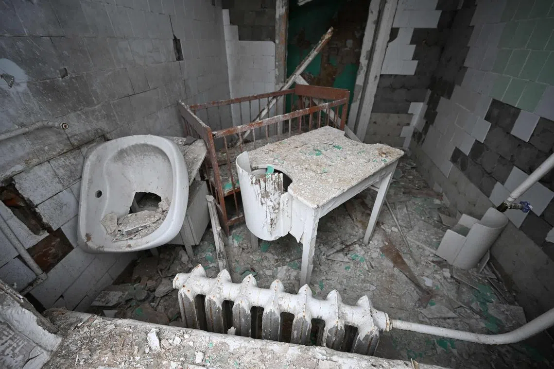 A March 2023 photo shows the aftermath of a Russian missile strike on the paediatric department of a hospital in Ukraine's Kharkiv region.