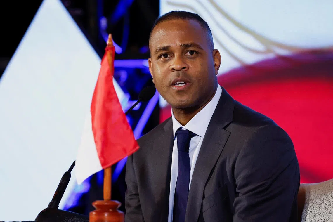 FILE PHOTO: Newly appointed Indonesian national soccer team coach Patrick Kluivert speaks during a press conference in Jakarta, Indonesia, January 12, 2025. REUTERS/Willy Kurniawan/File Photo