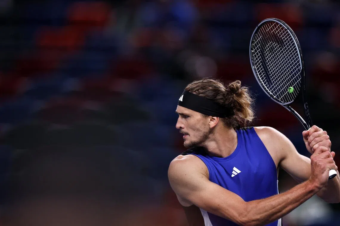 FILE PHOTO: Tennis - Shanghai Masters - Qizhong Forest Sports City Arena, Shanghai, China - October 9, 2024 Germany's Alexander Zverev in action during his round of 16 match against Belgium's David Goffin REUTERS/Tingshu Wang/File Photo