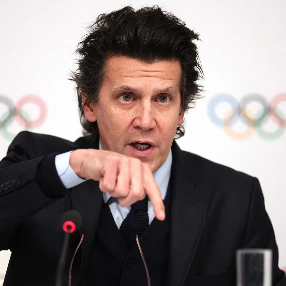 Olympic Games executive director Christophe Dubi gesturing during a press conference after an International Olympic Committee executive board committee meeting in Paris, on Nov 29, 2023.