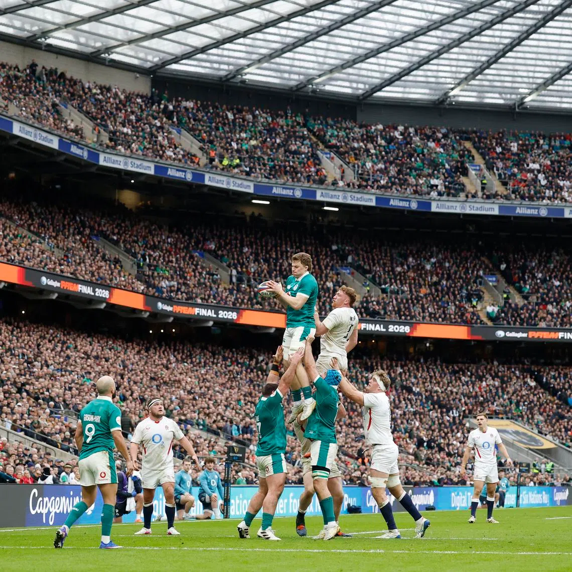 Rugby Union - Six Nations Championship - England v Ireland - Allianz Stadium, Twickenham, Britain - February 21, 2026 Ireland's Jack Conan in action during a lineout. Action Images via Reuters/Peter Cziborra
