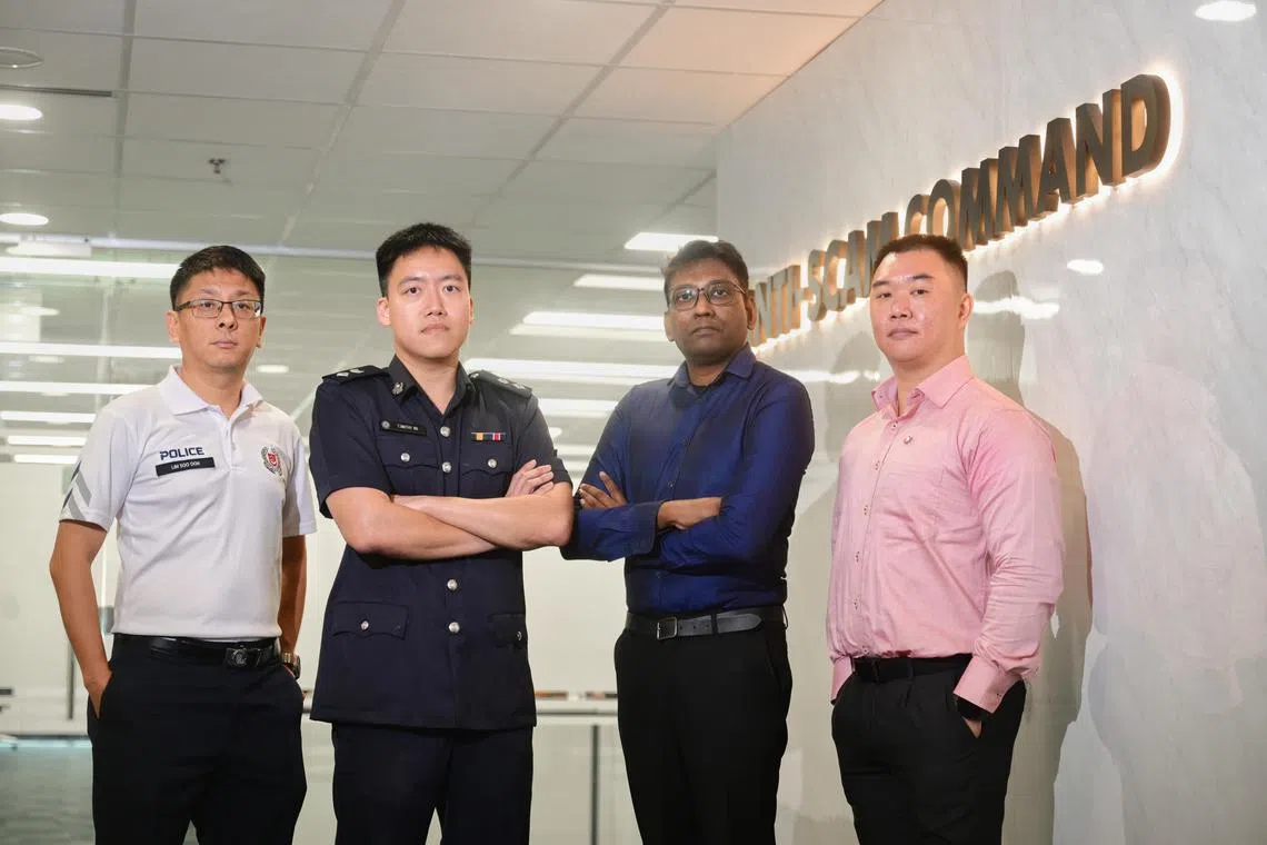 (From left) Assistant Superintendent Kenneth Lim, Officer-in-Charge at the Anti-Scam Centre Timothy Ng, senior associate at DBS Anti-Scam Team Uthayakumar Chellappan Silvaraju, and OCBC Anti-Scam Unit Investigator Peck Chun Hua.