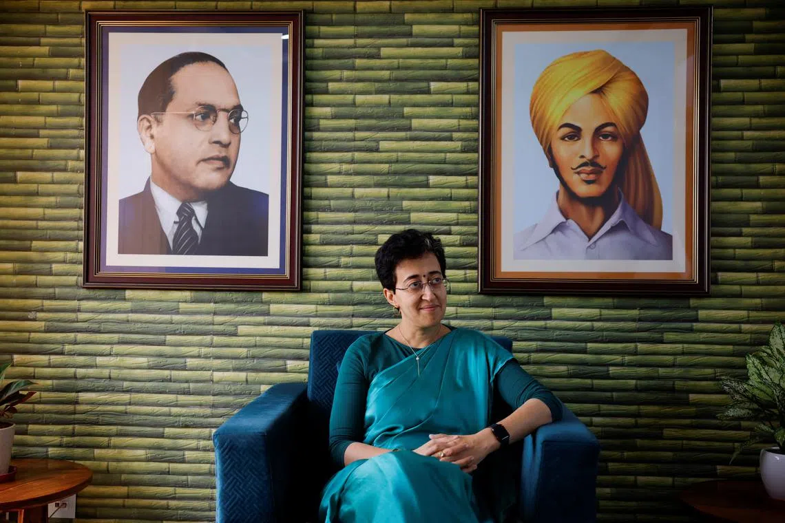 Member of Aam Aadmi Party (AAP) and Delhi's Education Minister, Atishi, looks on during an interview with Reuters in New Delhi, India March 27, 2024. REUTERS/Sharafat Ali