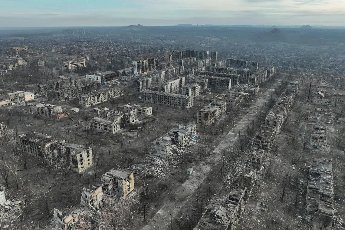 A drone view shows residential and administrative buildings damaged and destroyed by continued Russian military strikes, amid Russia's attack on Ukraine,  in the town of Toretsk, Donetsk region, Ukraine December 19, 2024. Сonsolidated Brigade 'Khyzhak' of the Ukrainian Patrol Police Department/Handout via REUTERS ATTENTION EDITORS - THIS IMAGE HAS BEEN SUPPLIED BY A THIRD PARTY.