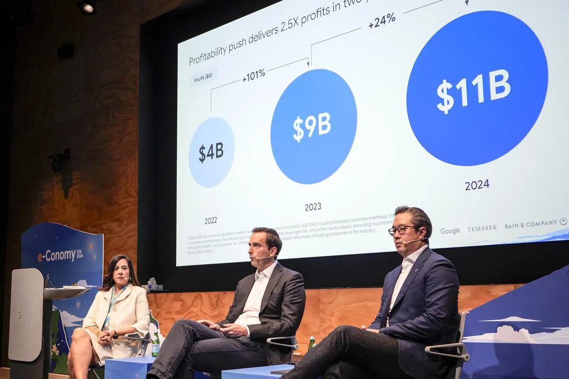 kbsea05 - Presenting the e-Conomy SEA 2024 report at the Google Singapore office was a joint panel of (from left) Ms Sapna Chadha, vice president for South-east Asia at Google Asia Pacific, Mr Florian Hoppe, partner at Bain & Company, and Mr Fock Wai Hoong, head of South-east Asia at Temasek.

Source and Copyright: Bain/Google/Temasek