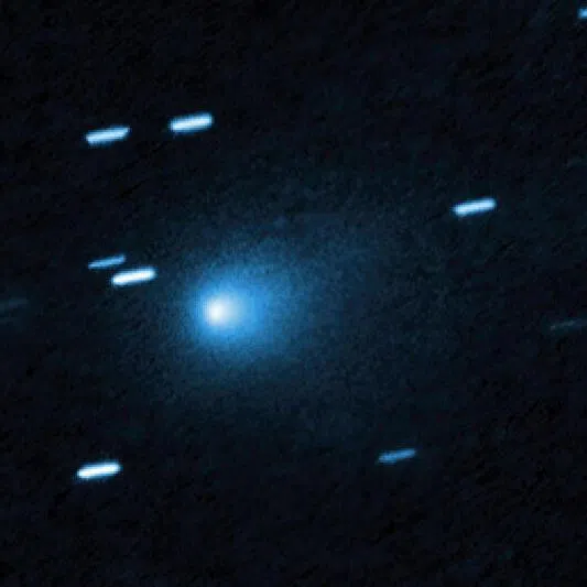 The Hubble Space Telescope image of the interstellar comet 3I/ATLAS on July 21, 2025. The comet has a teardrop-shaped cocoon of dust coming off its solid, icy nucleus.