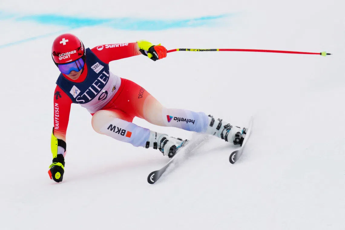 Mar 23, 2025; Sun Valley, ID, USA; Corinne Suter of Switzerland during the women's Super G alpine skiing race in the 2025 FIS Ski World Cup at Sun Valley. Mandatory Credit: Christopher Creveling-Imagn Images