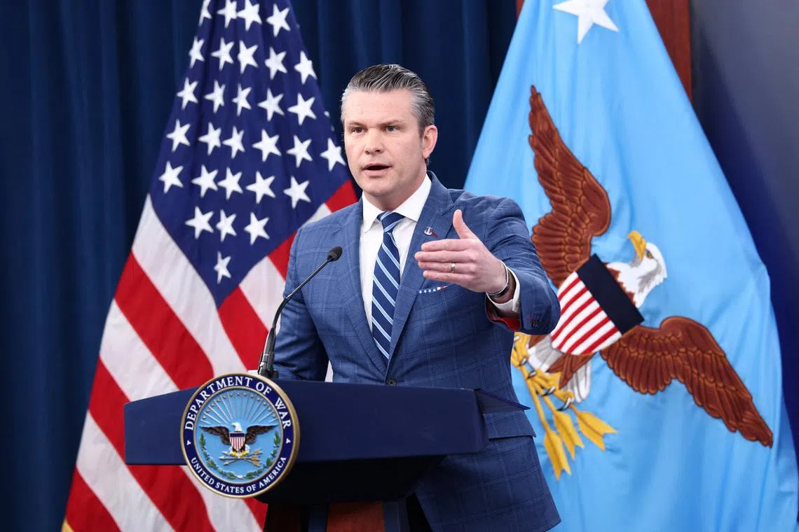 U.S. Secretary of Defense Pete Hegseth holds a press briefing in the Pentagon Press briefing room, following the announcement of a two-week ceasefire in the Iran war, at the Pentagon in Washington, D.C., U.S., April 8, 2026. REUTERS/Kevin Lamarque