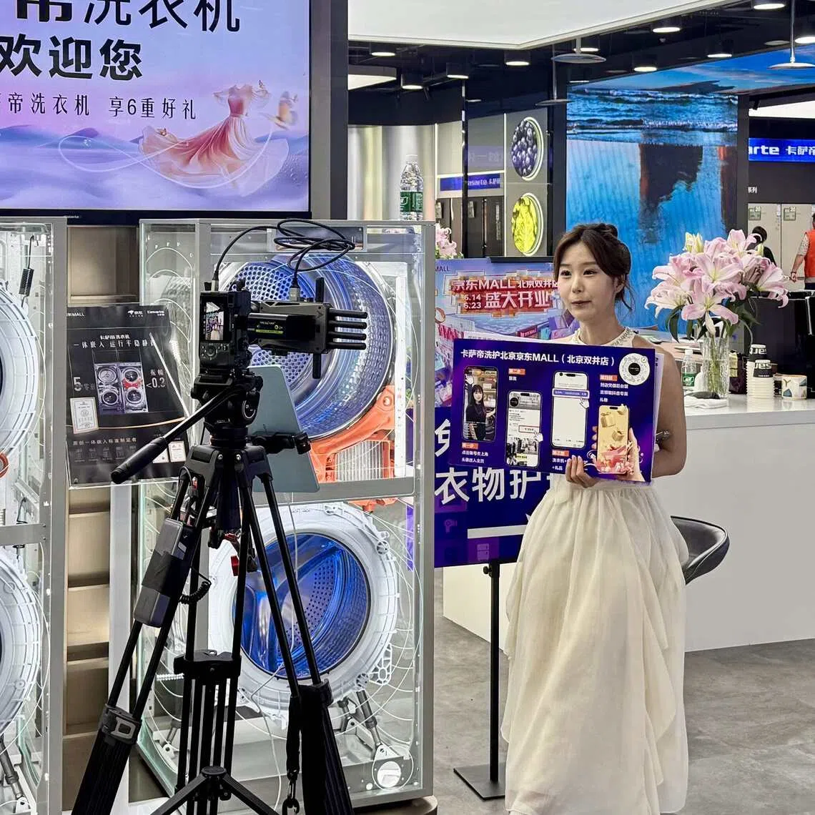 A live-stream host selling products online at JD Mall in Beijing on June 18.