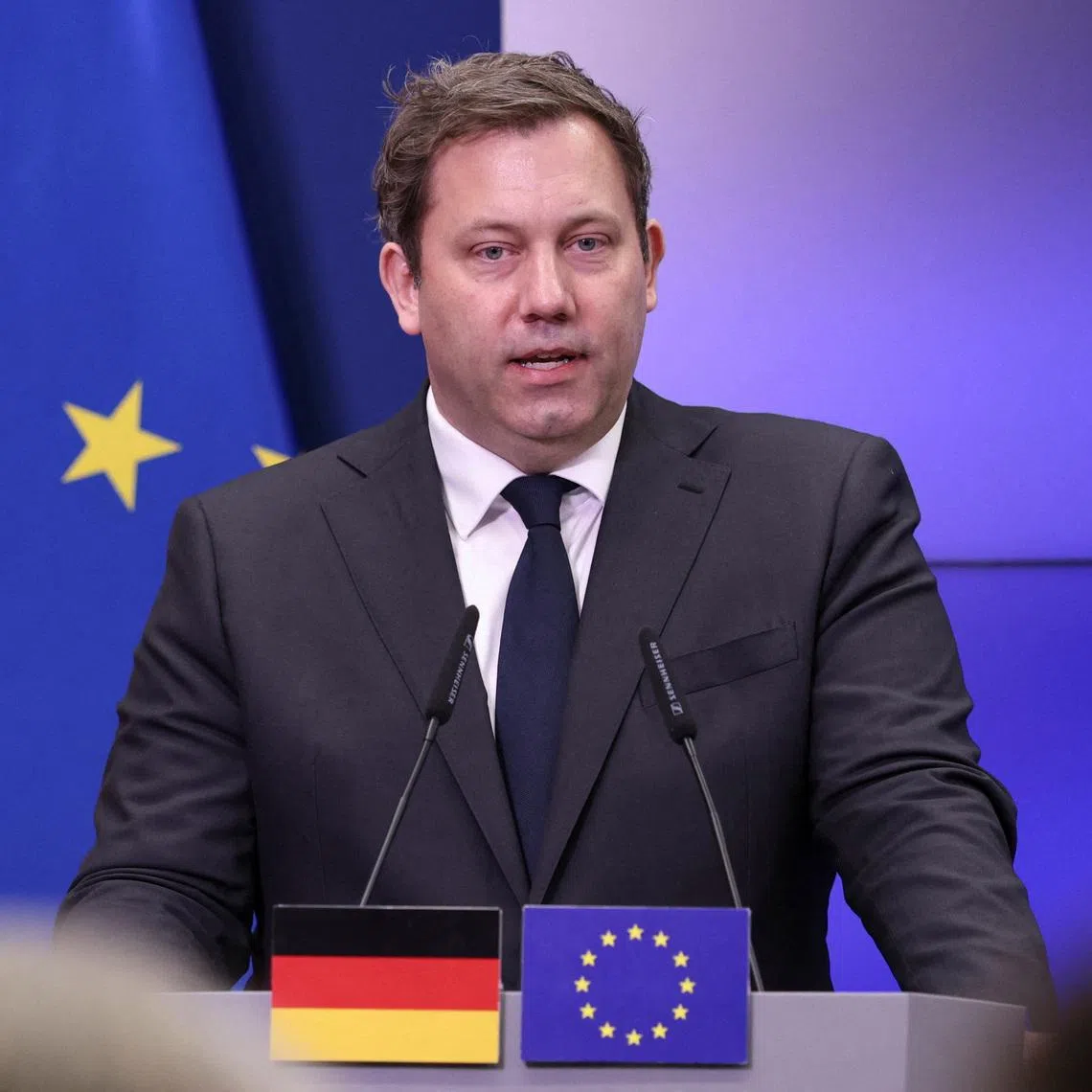 Vice-Chancellor, Federal Minister of Finance of Germany Lars Klingbeil holds a press conference with the Polish Minister of Finance and Economy, Andrzej Domanski (not pictured), during an official visit in Warsaw, Poland, February 2, 2026. REUTERS/Kuba Stezycki