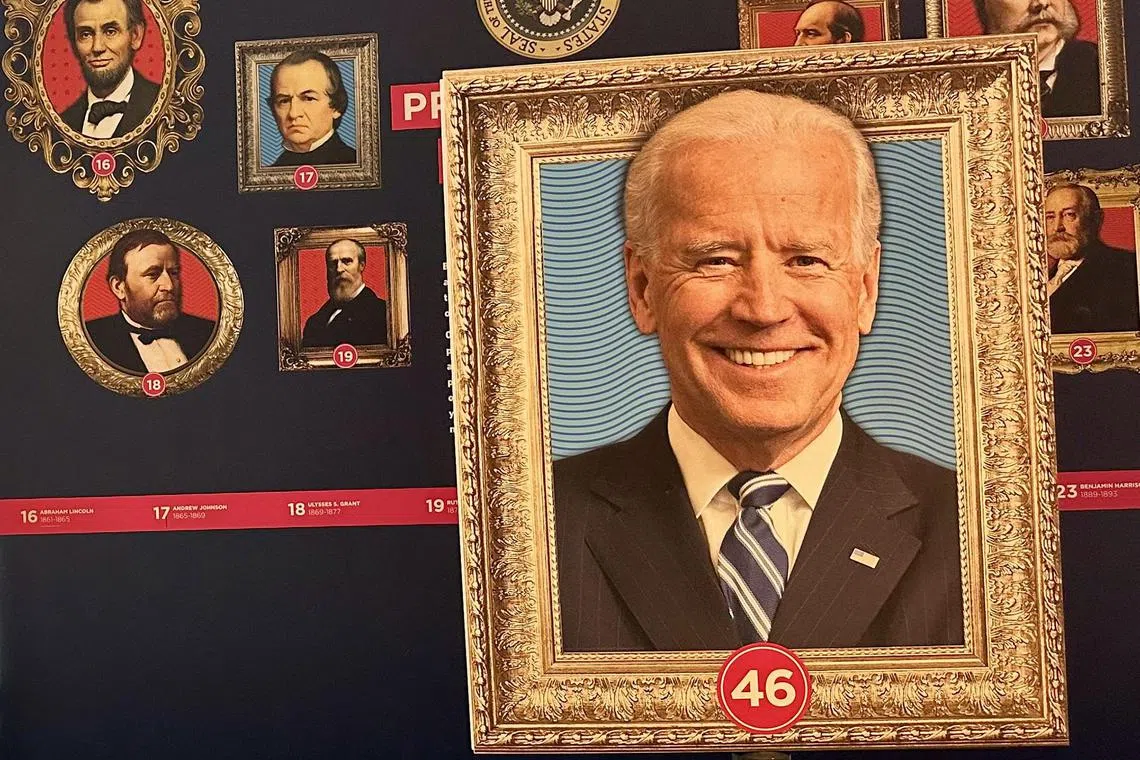bgdem - PHILADELPHIA, Jan 18, 2024: Portraits of American presidents, including the two likely contenders in the 2024 race - President Joe Biden and his predecessor Donald Trump - at the National Constitution Center, a private, nonprofit organisation which is a leading platform for constitutional education and debate.



ST PHOTO: Bhagyashree Garekar