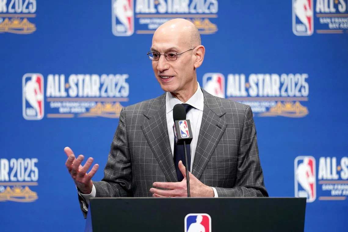 FILE PHOTO: Feb 15, 2025; San Francisco, CA, USA; NBA commissioner Adam Silver speaks in a press conference during All Star Saturday Night ahead of the 2025 NBA All Star Game at Chase Center. Mandatory Credit: Cary Edmondson-Imagn Images/File Photo