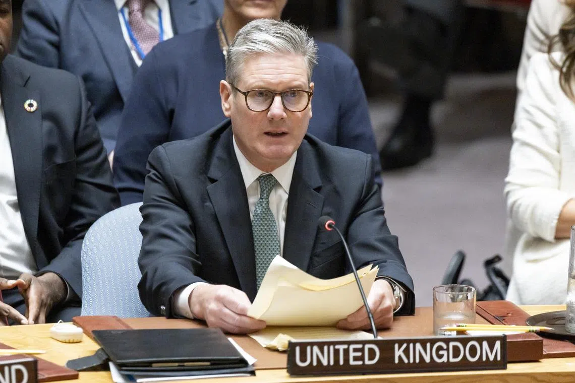 British Prime Minister Keir Starmer making his first speech to the United Nations Security Council on Sept 25.