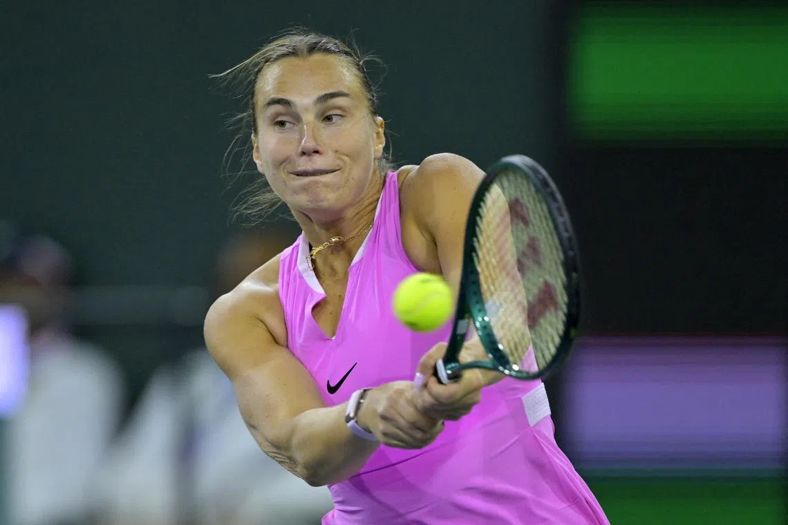 Mar 9, 2024; Indian Wells, CA, USA;  Aryna Sabalenka (RUS) hits a shot as she defeats Peyton Stearns (USA) in a 3rd set tiebreaker in her second round match in the BPN Paribas Open at the Indian Wells Tennis Garden. Mandatory Credit: Jayne Kamin-Oncea-USA TODAY Sports/File Photo