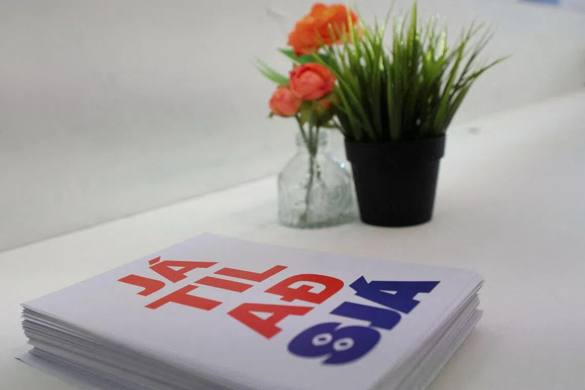 Folders are on display at the “Yes to See” movement’s office ahead of Iceland’s EU referendum, on Aug 27.