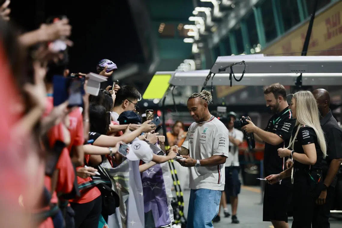 44 Lewis Hamilton of Mercedes-AMG Petronas F1 Team, greeting visitors infront of the Mercedes-AMG Petronas F1 Team garage at the Paddock on Sep 14, 2023.