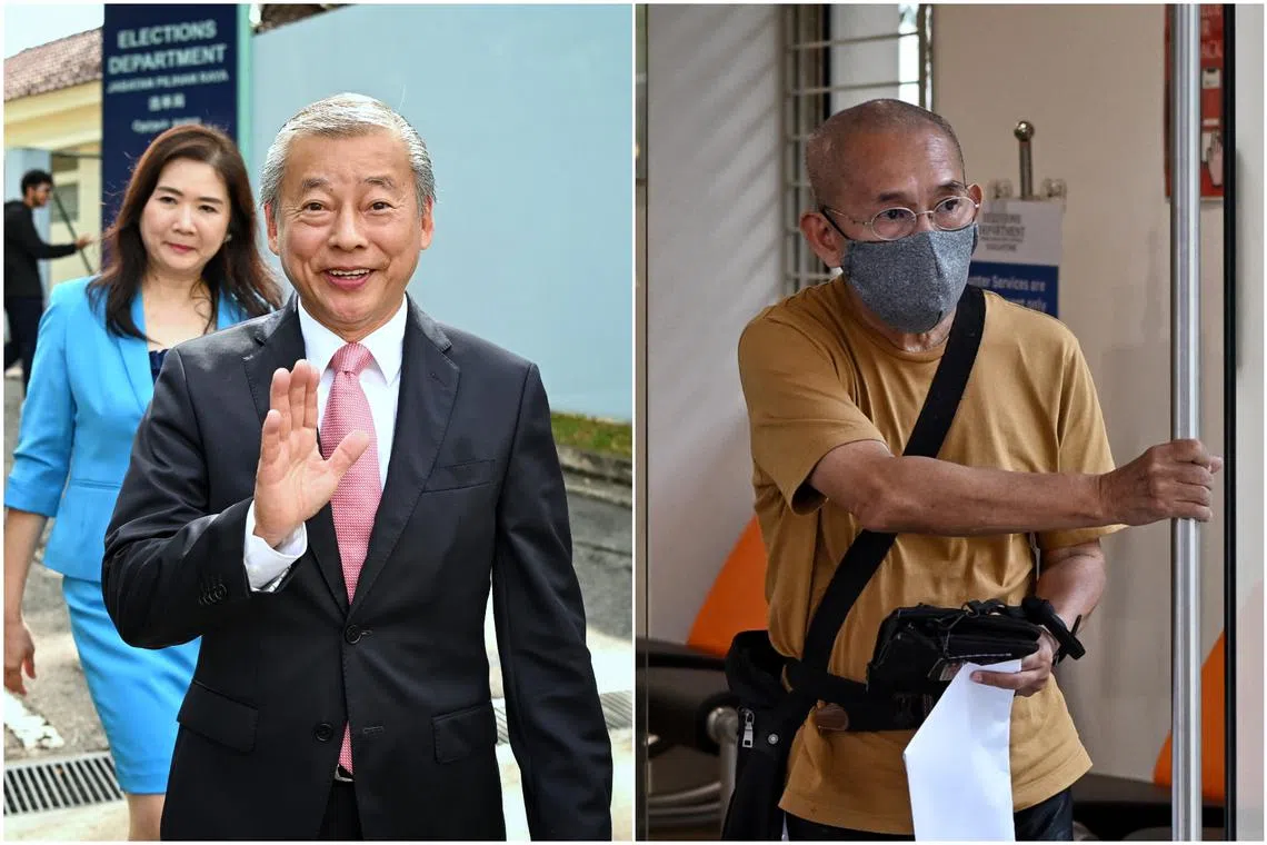 Entrepreneur George Goh (left) and former secondary school teacher Seng Soon Kia at the Elections Department Office on June 13.