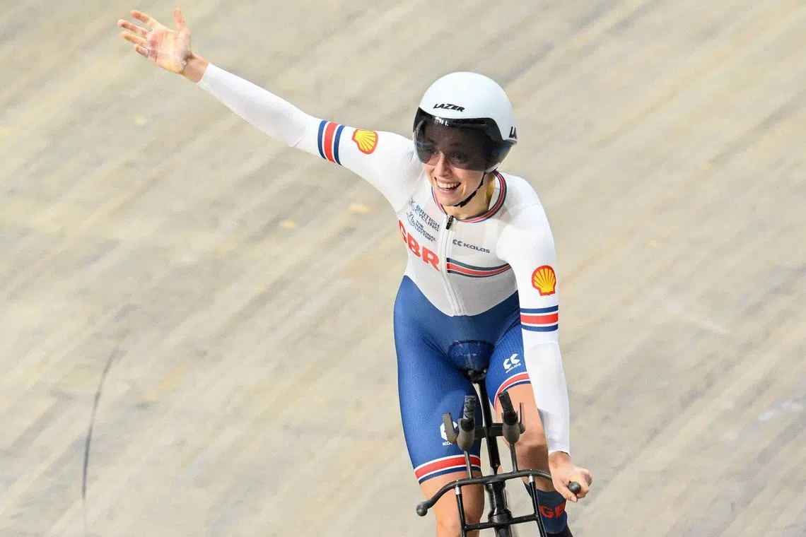 First-placed Britain's Josie Knight celebrates winning gold after competing in the Women's Individual Pursuit finals race during the fifth day of the UEC European Track Cycling Championships at the Omnisport indoor arena in Apeldoorn, on Jan 14.