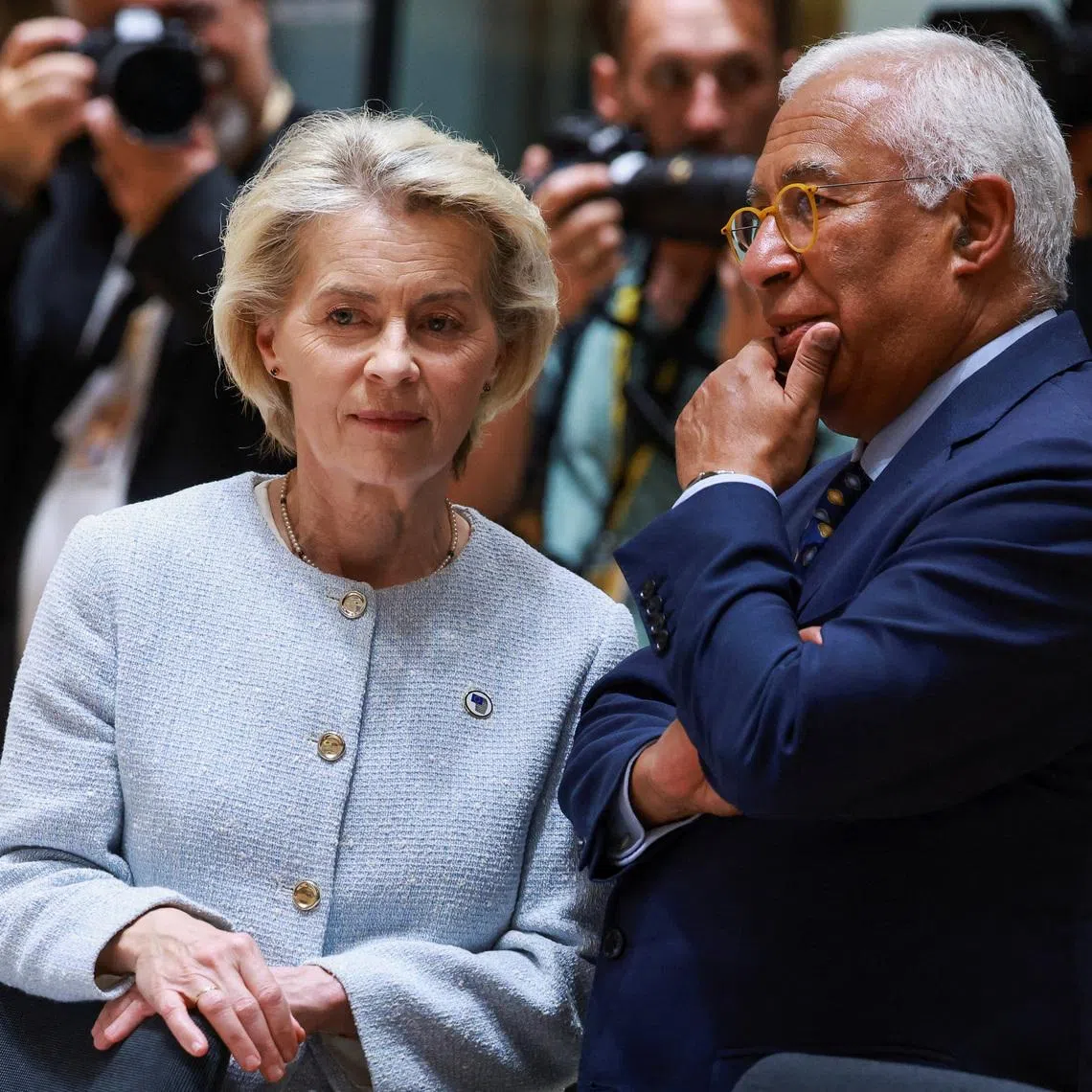 President of the European Commission Ursula von der Leyen and President of the European Council Antonio Costa talk at a meeting with European Union leaders, during a summit in Brussels, Belgium, June 18, 2026. REUTERS/Yves Herman