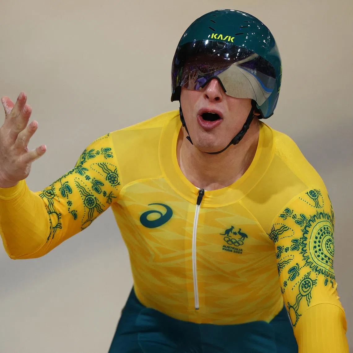 Paris 2024 Olympics - Track Cycling - Men's Sprint, Semifinals - Race 2 - Saint-Quentin-en-Yvelines Velodrome, Montigny-le-Bretonneux, France - August 09, 2024. Matthew Richardson of Australia reacts after winning heat 2. REUTERS/Agustin Marcarian/File Photo