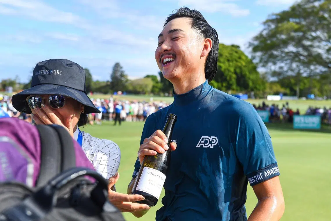 Lee Min Woo of Australia celebrating winning the 2023 Australian PGA Championship in Brisbane on Nov 26.
