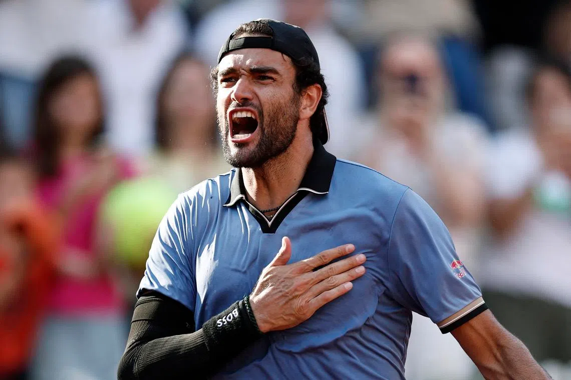 Italy's Matteo Berrettini celebrates winning his fourth round match against Argentina's Juan Manuel Cerundolo, Tennis, French Open, Roland Garros, Paris, France, June 1, 2026. REUTERS/Benoit Tessier