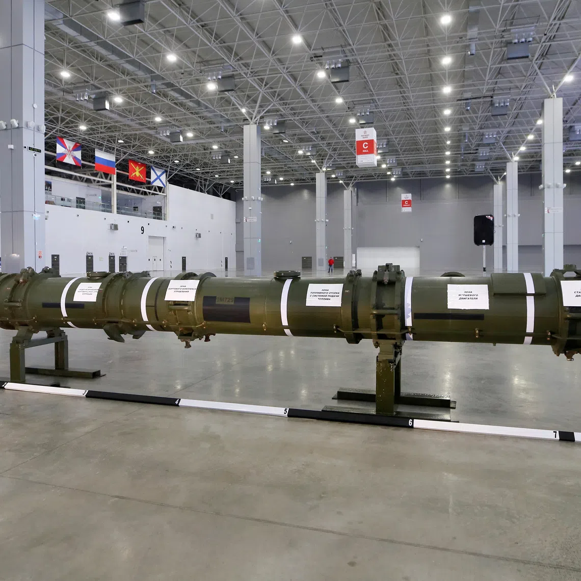 A component of the SSC-8/9M729 cruise missile system on display at Patriot Expocentre near Moscow in 2019.