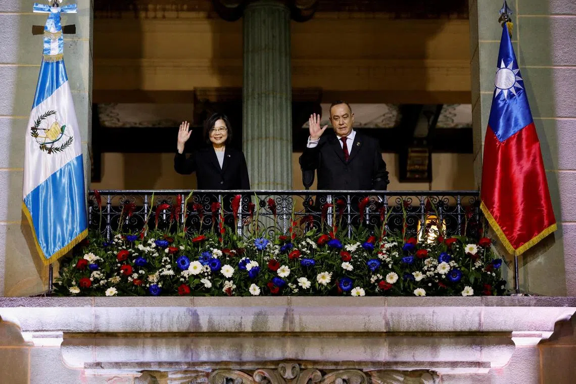 Taiwan President Tsai Ing-wen (left) with her Guatemalan counterpart Alejandro Giammattei at the Palacio Nacional de la Cultura in Guatemala City on March 31. 