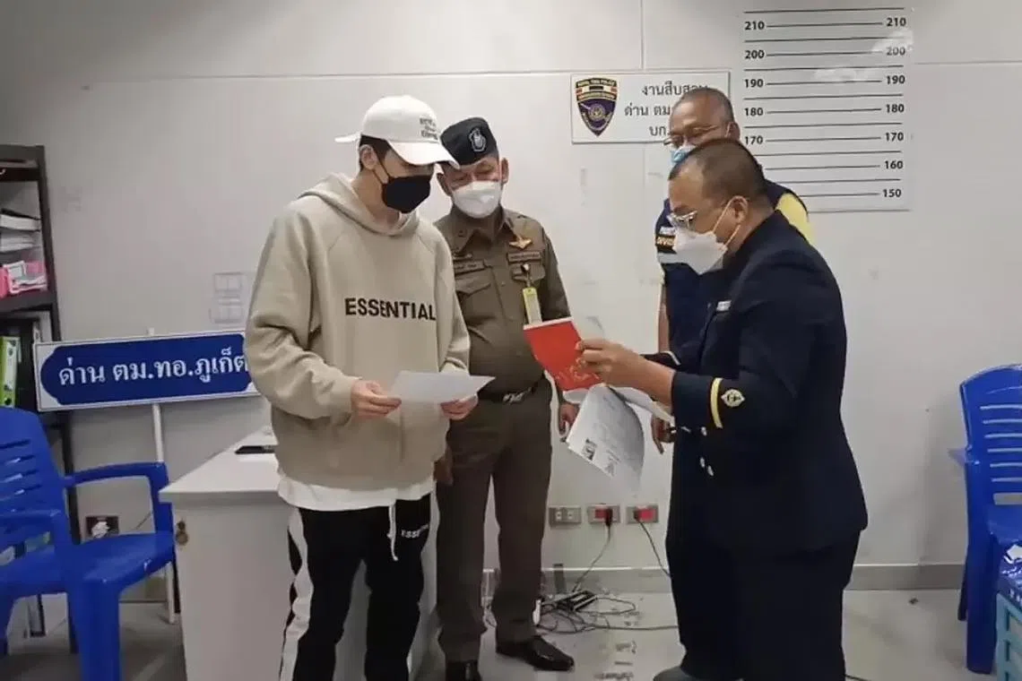 Daryl Cai Younghui (left) was arrested on Monday at Phuket International Airport as he was about to catch a flight to Singapore.