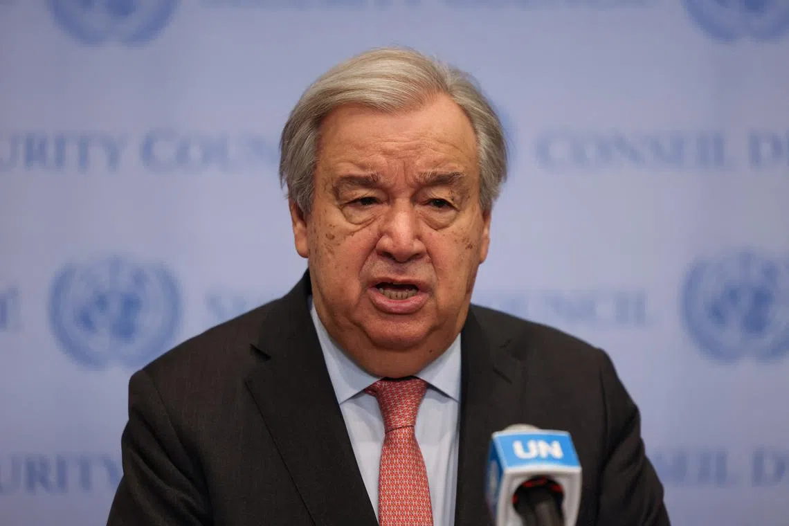 UN Secretary General Antonio Guterres makes comments on the security situation in South South Sudan, in New York City, U.S., March 28, 2025. REUTERS/Caitlin Ochs/File Photo