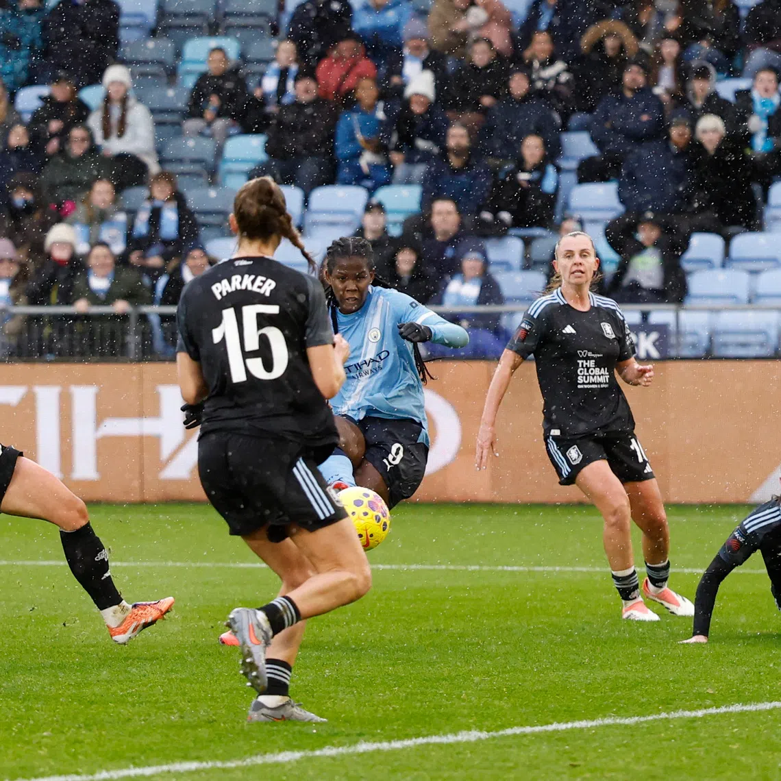 Soccer Football - Women's Super League - Manchester City v Aston Villa - Manchester City Academy Stadium, Manchester, Britain - December 14, 2025 Manchester City's Khadija Shaw scores their second goal Action Images via Reuters/Jason Cairnduff