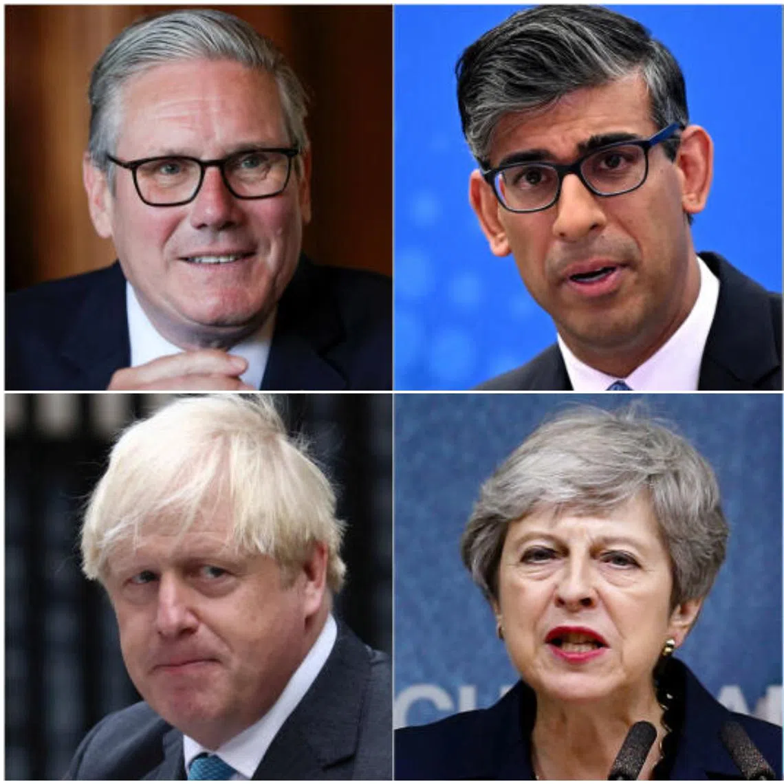 (Clockwise from top left) Keir Starmer, British outgoing prime minister, and his predecessors Rishi Sunak, Liz Truss, David Cameron, Theresa May and Boris Johnson.